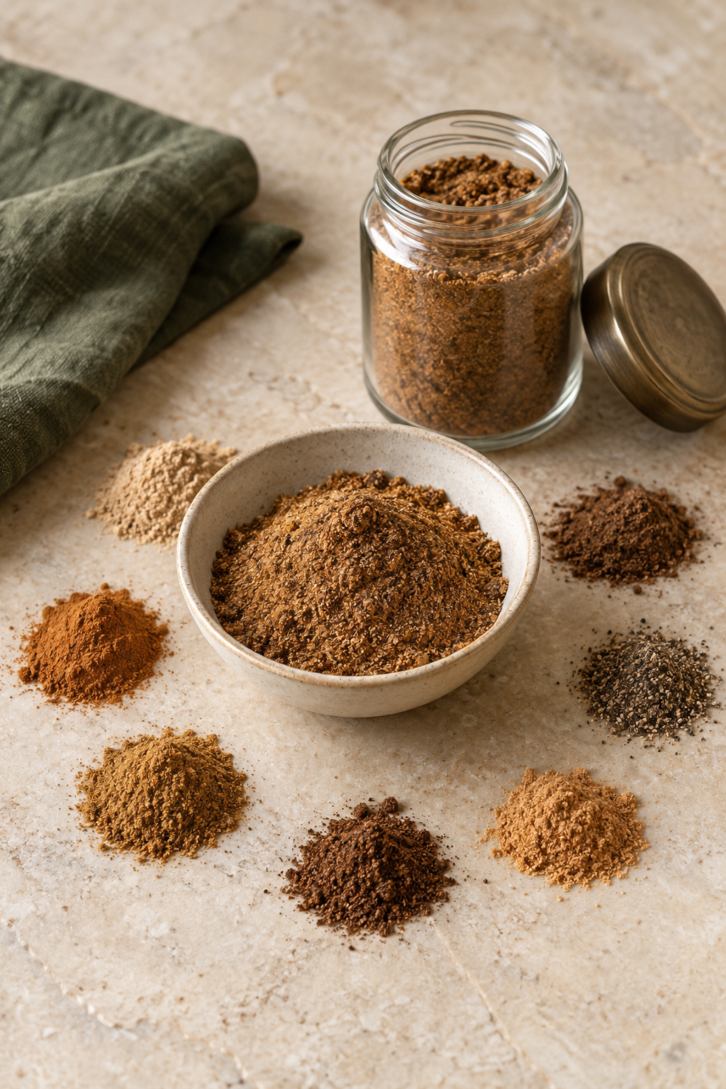 Homemade Lebanese seven spice in a bowl and glass storage jar