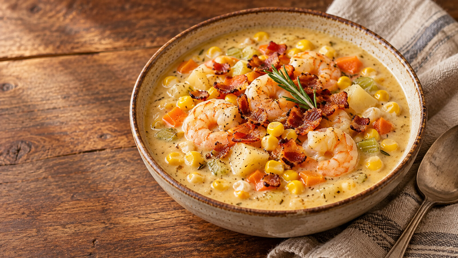 Creamy shrimp and corn chowder with potatoes, vegetables, bacon, and rosemary