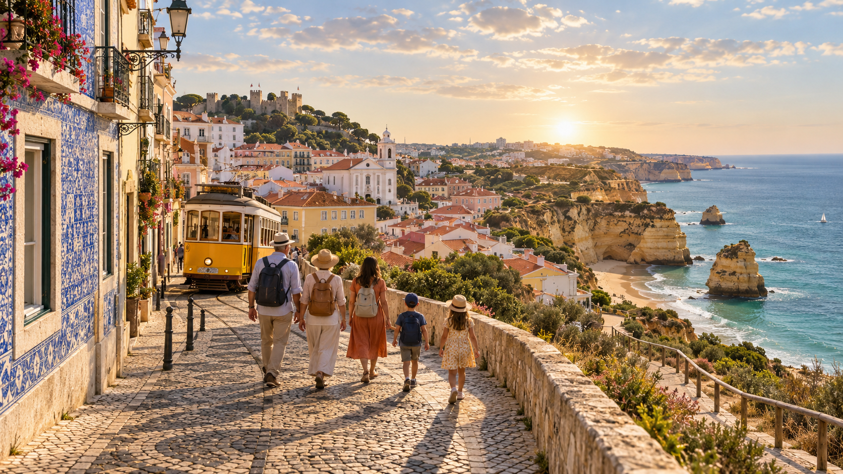 A warm editorial collage of Lisbon and the Algarve coast