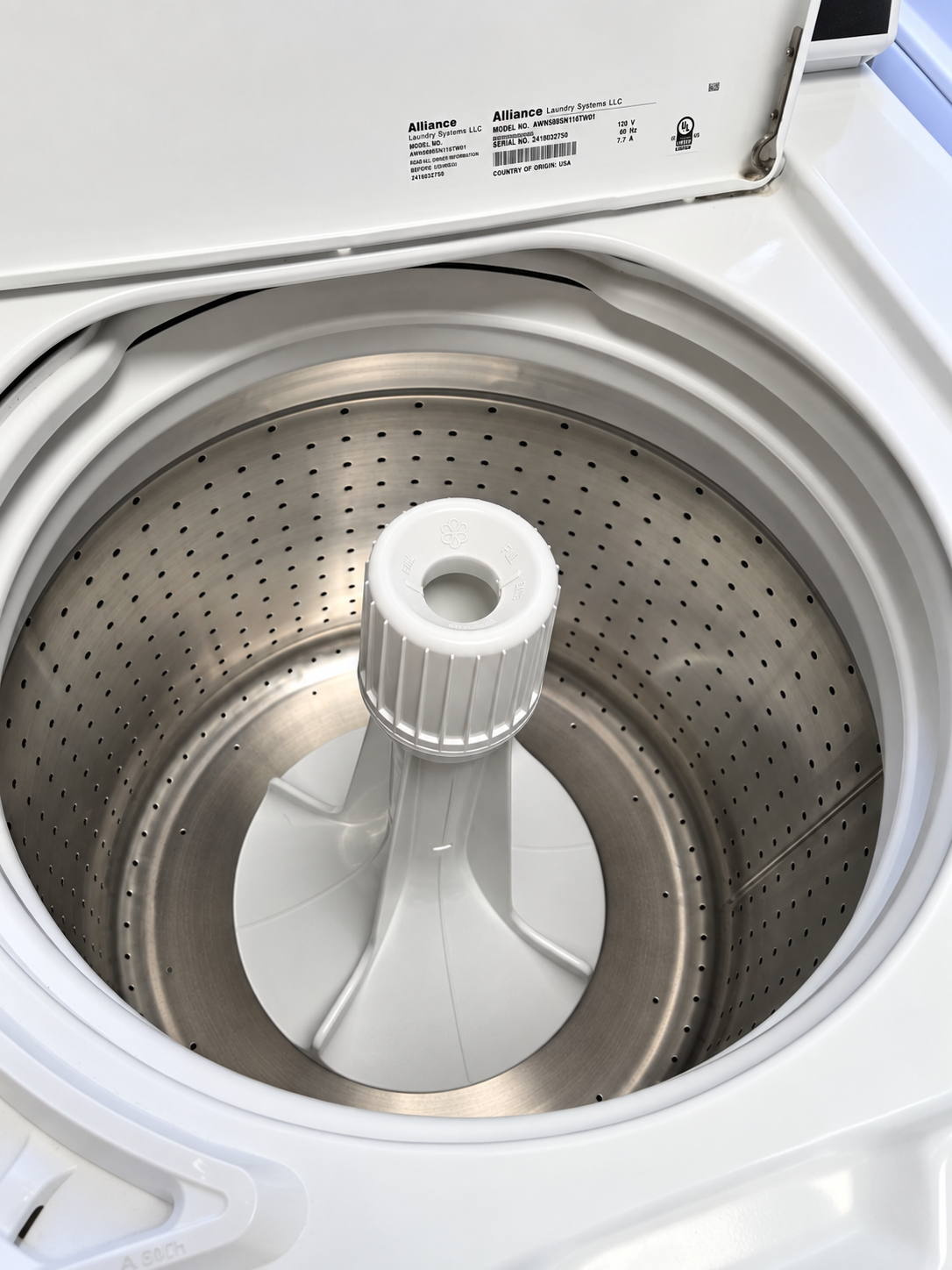 Clean stainless wash basket inside our Speed Queen top-load washer