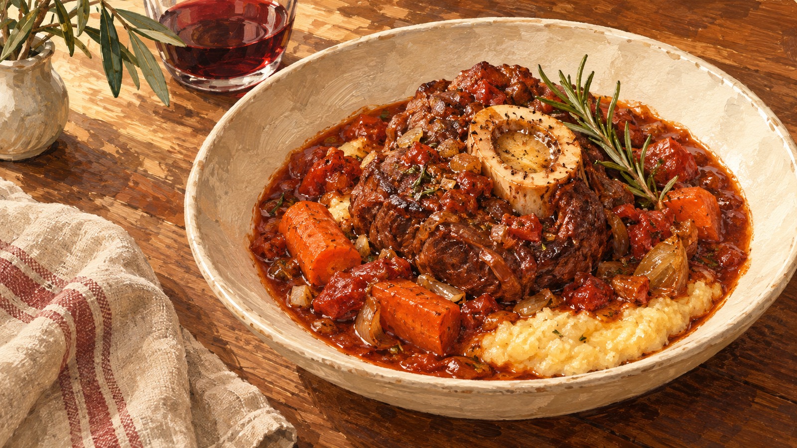 Hand-painted illustration of red wine braised beef shanks with carrots and rosemary in a Dutch oven